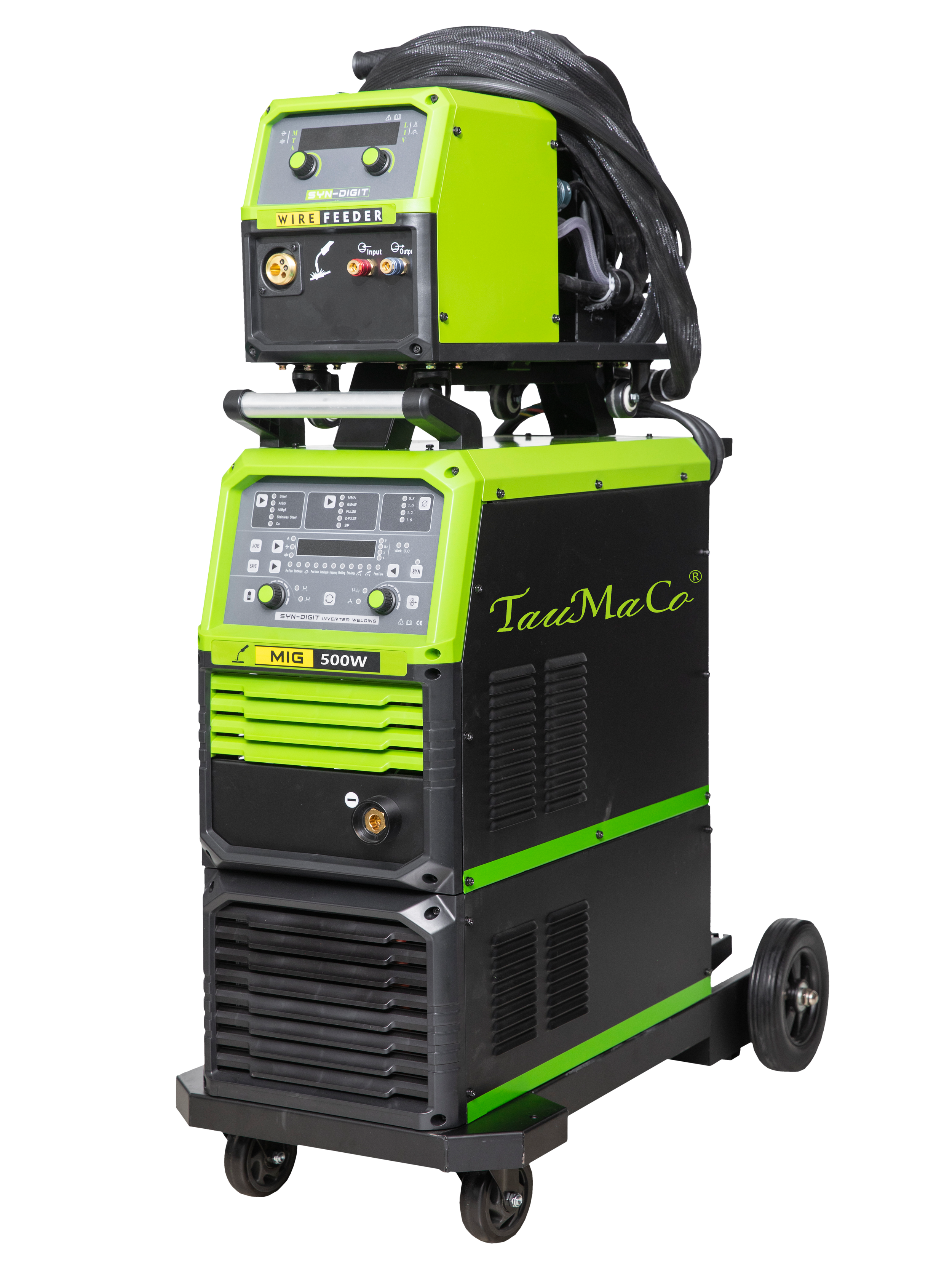 Green and black industrial welding machine on wheels with control panels.