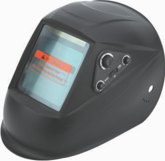 Black welding helmet with viewing window and adjustment knobs.
