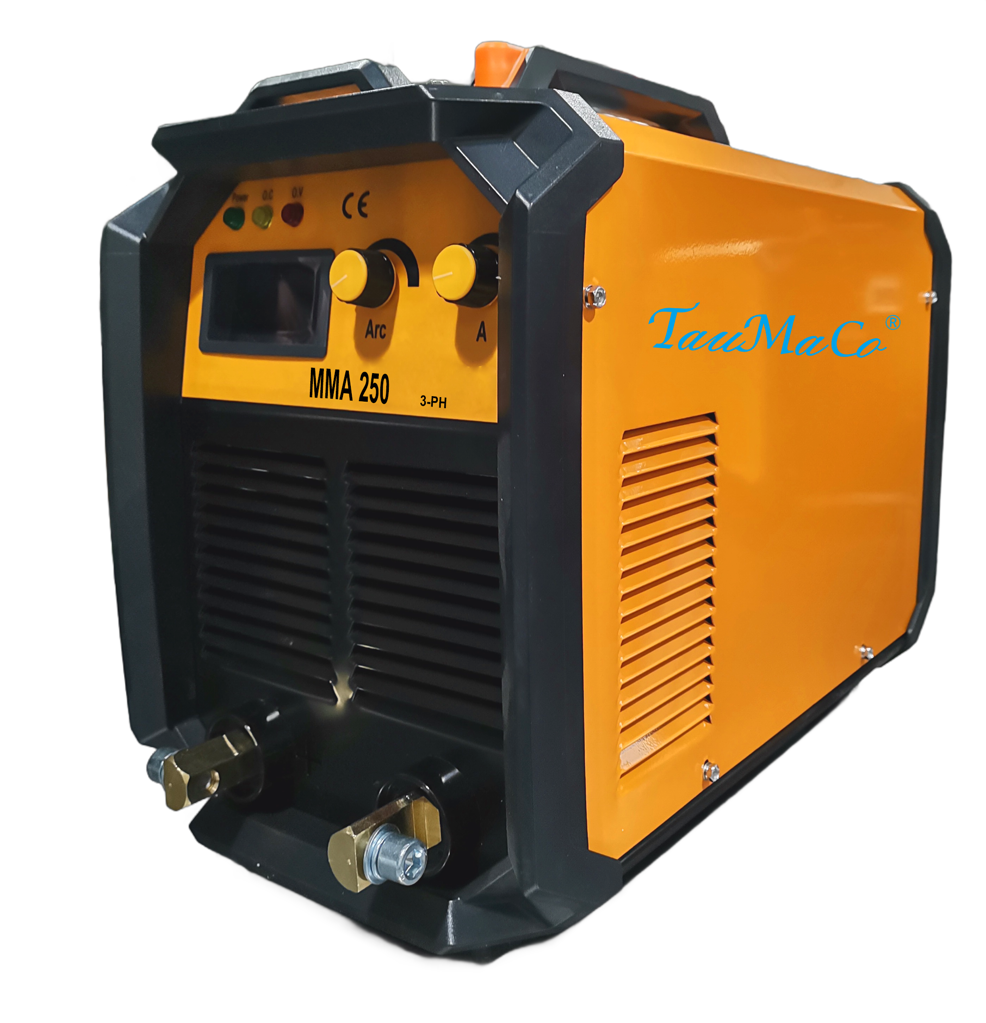 Orange and black welding machine labeled MMA 250 with control knobs and vents.