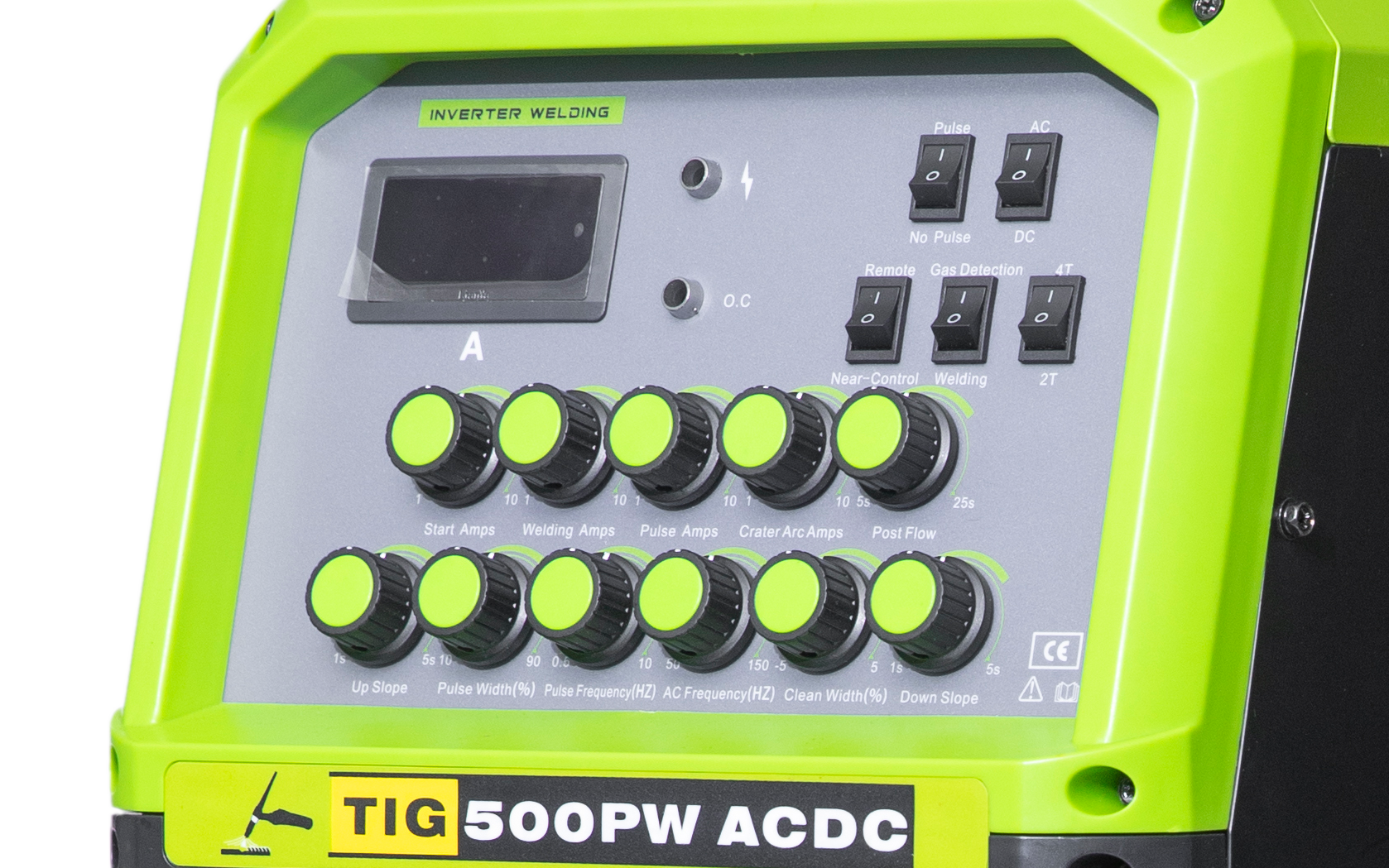 A green TIG 500PW ACDC welding machine with various control knobs and switches for welding settings.
