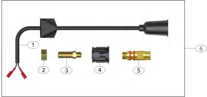 Diagram showing the parts of a soldering iron, with numbered labels pointing to components: power cord, metal connector, heating element, black plastic connector, metal heating tip, and tip connector.
