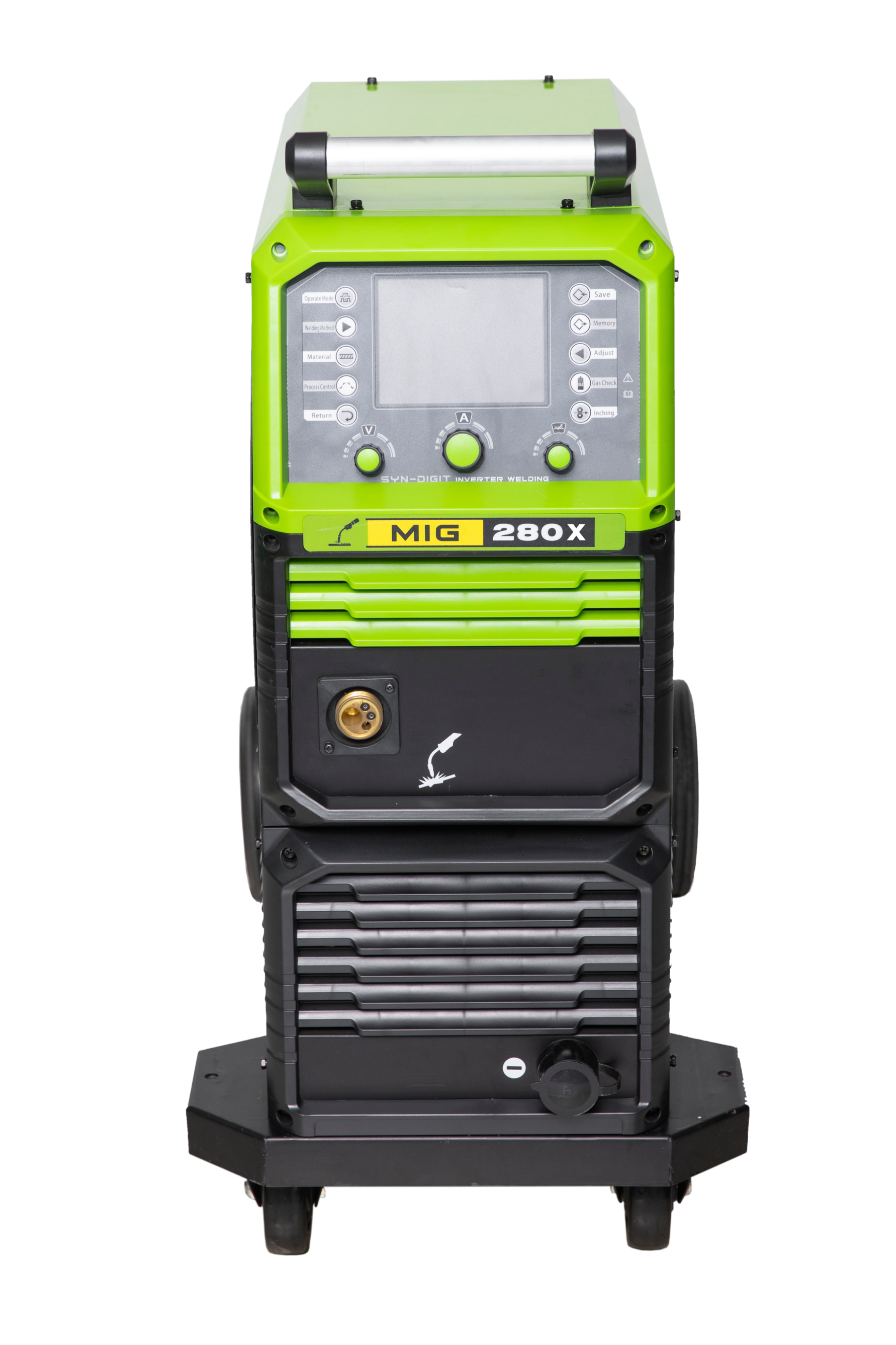 Green and black MIG 280X welding machine with digital control panel.