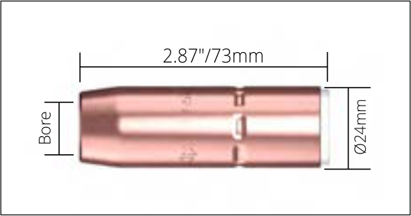A metallic tube or barrel with dimensions marked, including an outer diameter of 24mm, a length of 2.87 inches or 73mm, and a labeled bore.