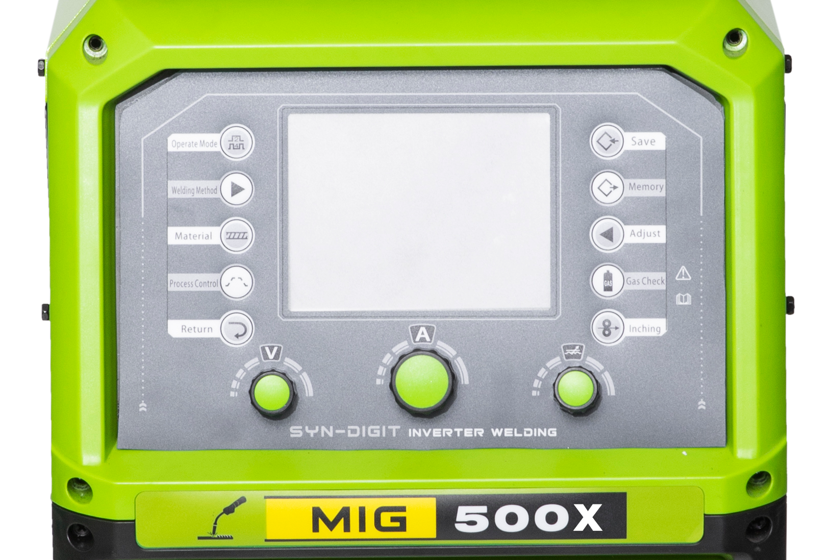 Green and gray MIG 500X inverter welding device with control buttons, knobs, a display screen, and labels for welding settings.