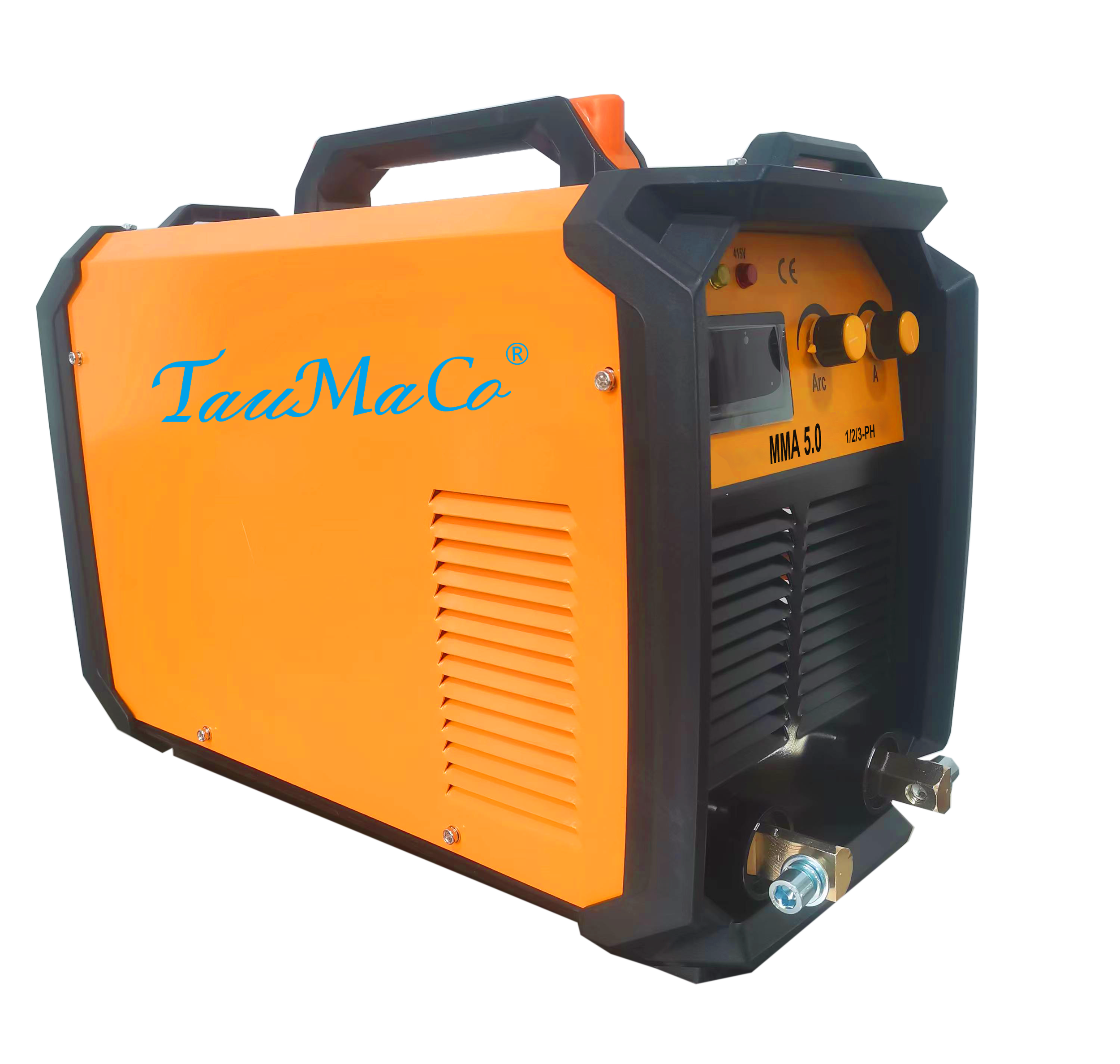 Orange and black welding machine labeled TauMaCo MMA 5.0 with control knobs and ventilation slots.