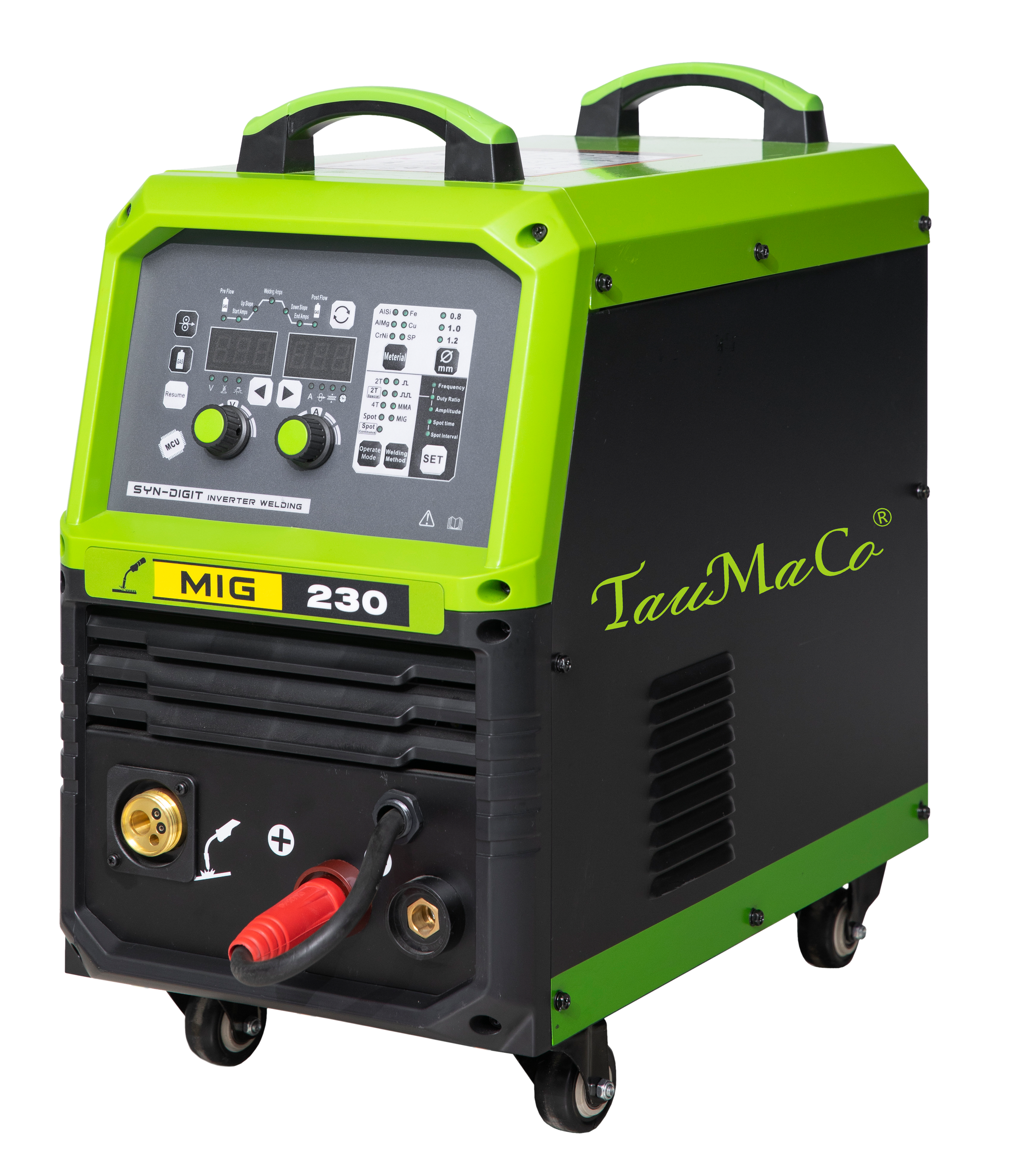 Green and black MIG welder machine with control panel, display screens, knobs, and cables, labeled TauriMaCo MIG 230.