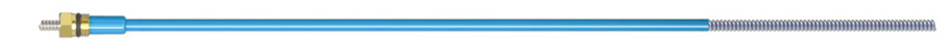 A blue and silver metal rod with a threaded end, a gold-colored fitting, and a coiled spring on the other end.