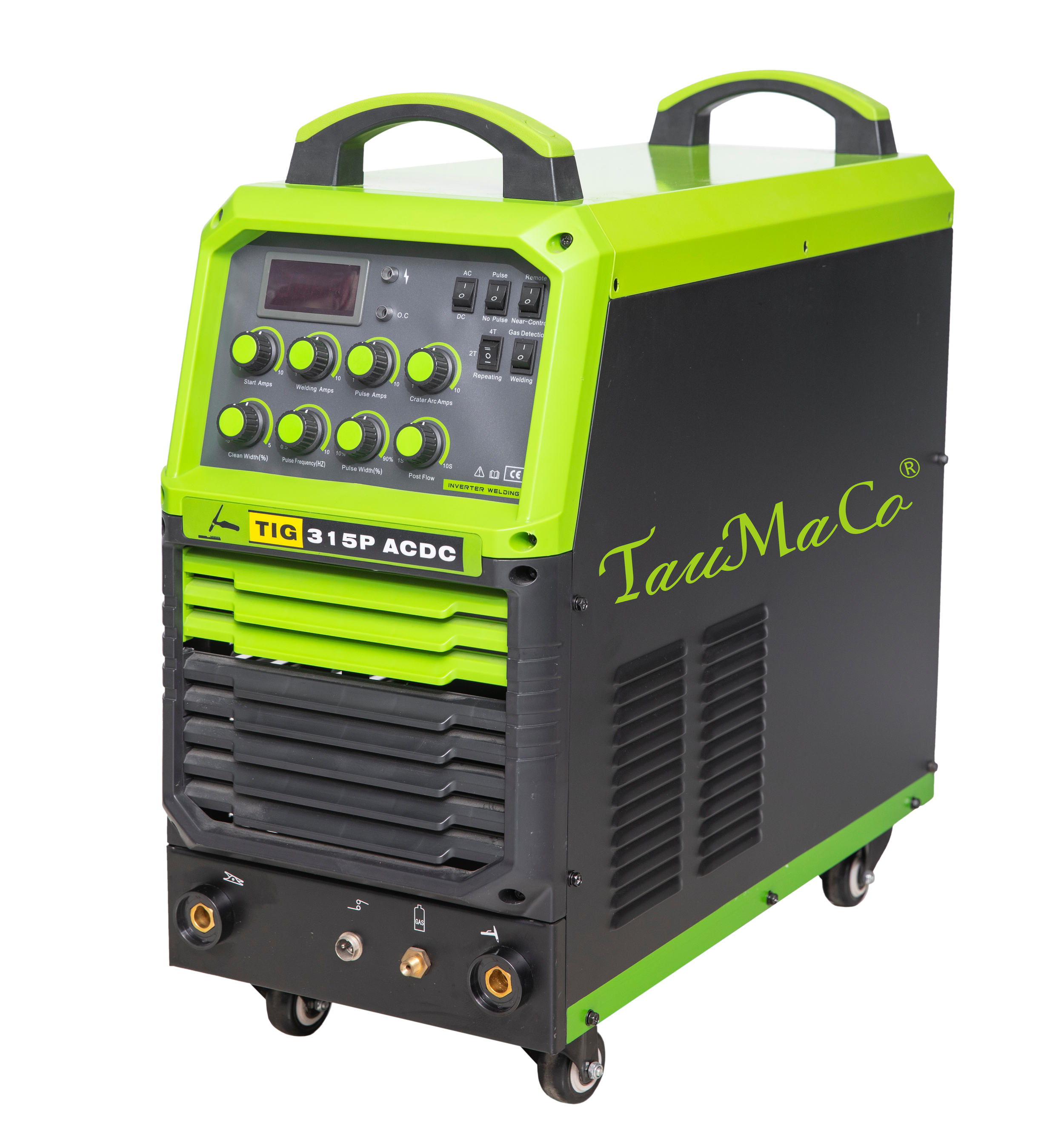 A green and black TIG welding machine with control knobs, display, and ventilation grilles.