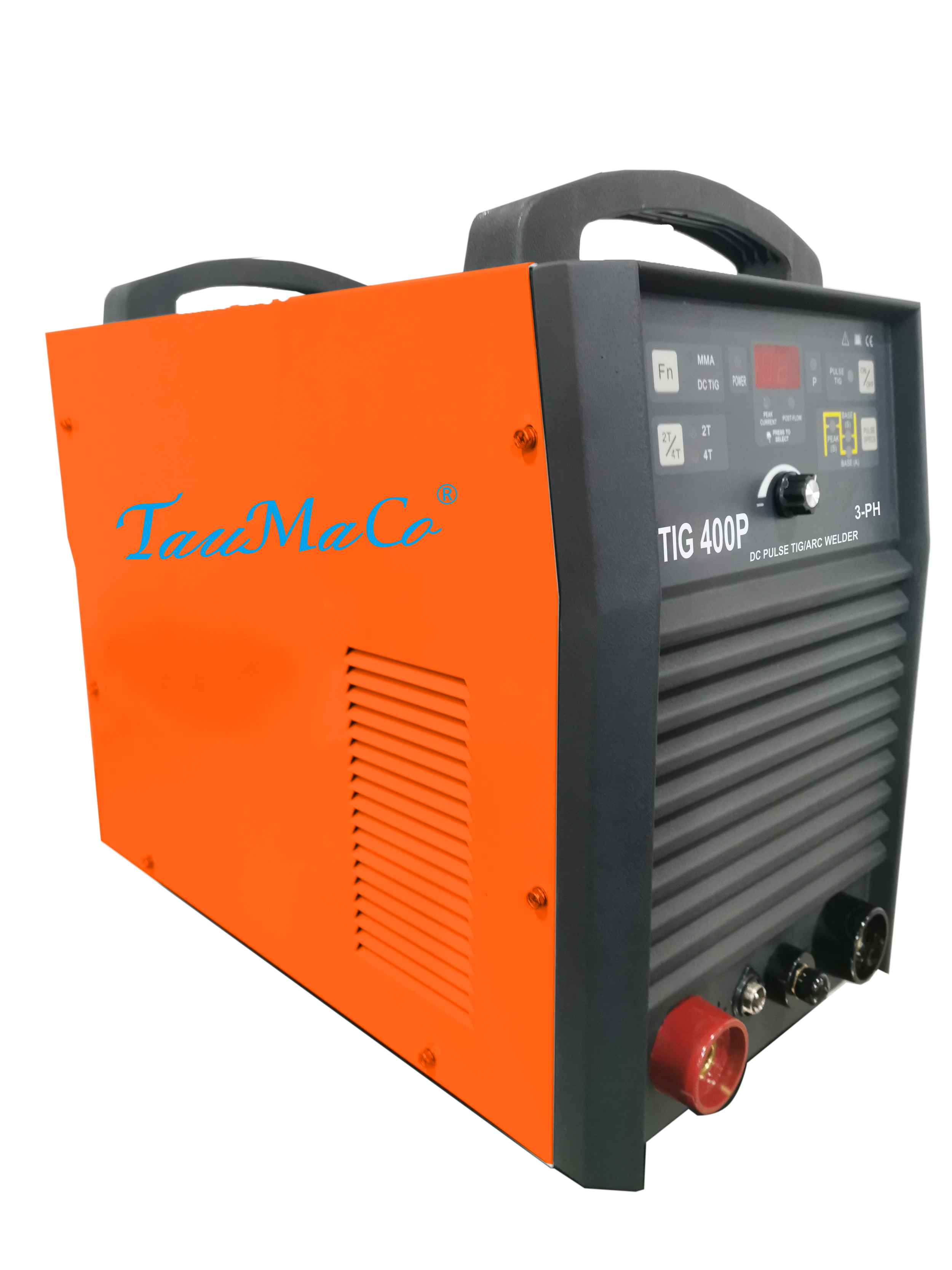 A TaumaCo TIG 400P welding machine with a black front panel and orange side panel, featuring various control knobs and connection ports.