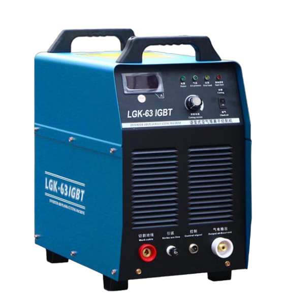 Blue industrial welding machine with handles, control panel, and various connectors.