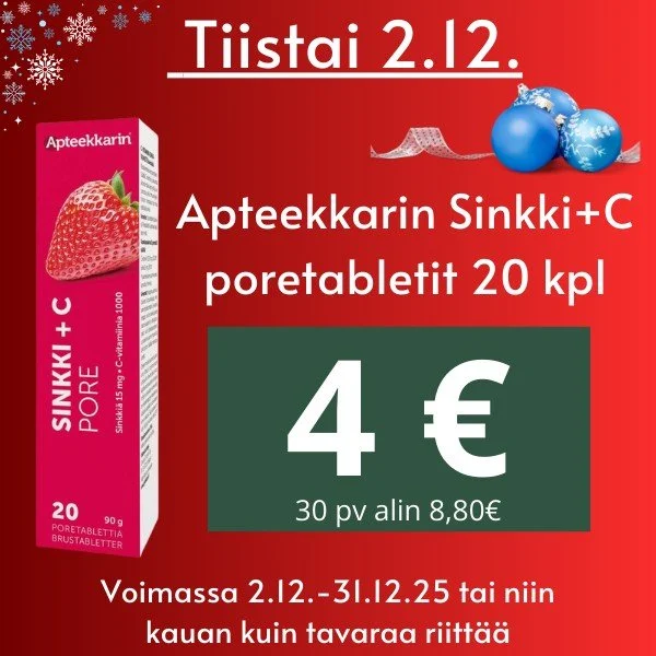 🎅Joulukalenterin luukku tiistai 2.12.🎅

Apteekkarin Sinkki+C poretabletit 20 kpl vain 4 &euro;

Apteekkarin C+sinkki-poretabletit sis&auml;lt&auml;v&auml;t runsaasti C-vitamiinia, joka auttaa v&auml;hent&auml;m&auml;&auml;n v&auml;symyst&auml; ja u