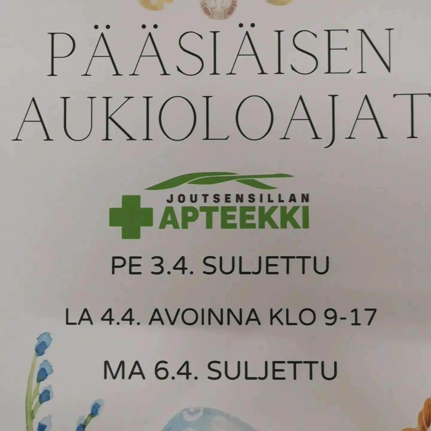 P&auml;&auml;si&auml;isen aukioloajat 🧡

Perjantai 3.4. Suljettu
Lauantai 4.4. Avoinna klo 9-17
Maanantai 6.4. Suljettu

Ihanaa p&auml;&auml;si&auml;ist&auml;! 🐣