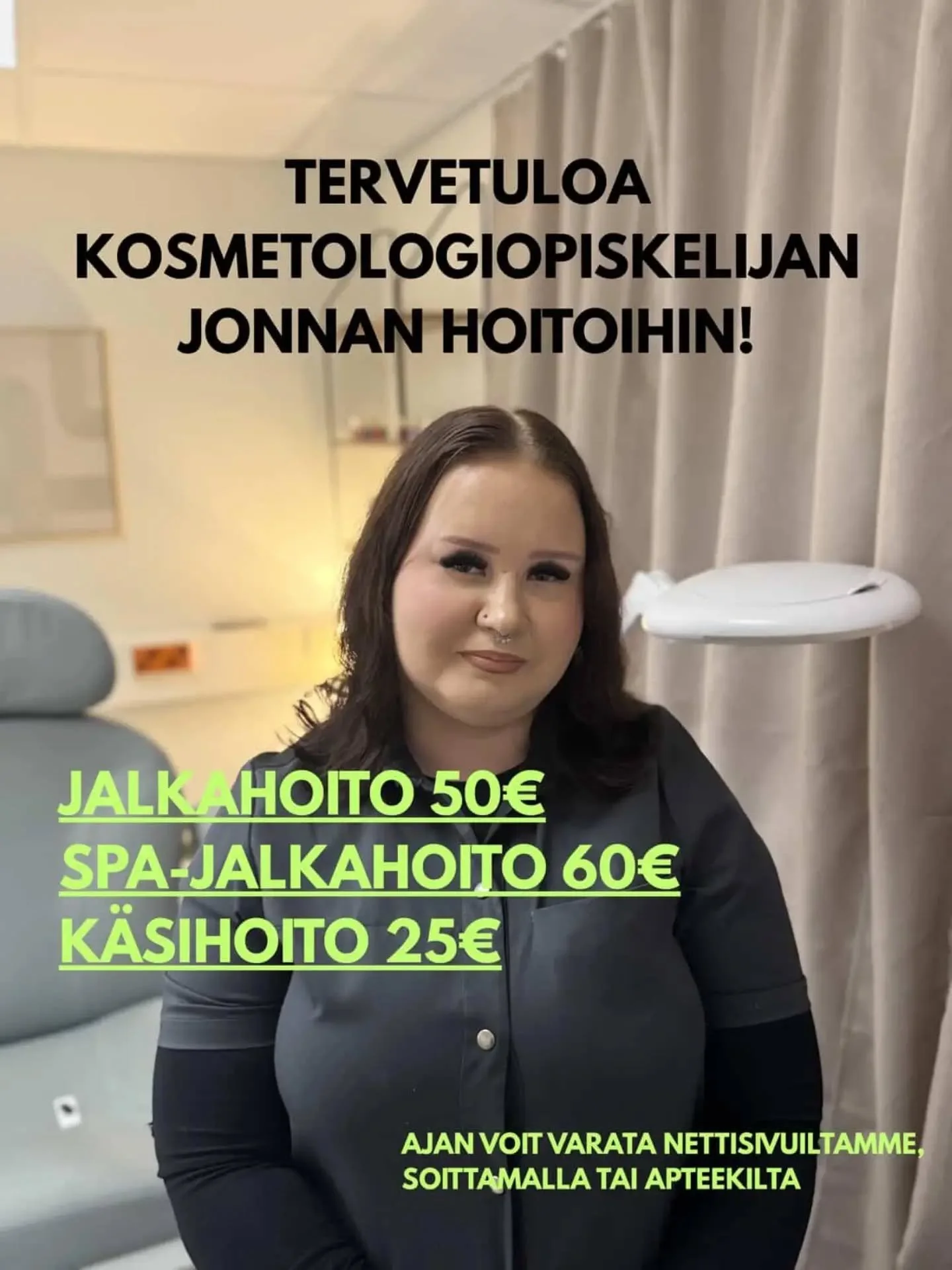 Tervetuloa ensimm&auml;isen vuoden kosmetologiopiskelijan Jonnan hoitoihin! ❤️ T&auml;ll&auml; hetkell&auml; palveluihin kuuluvat k&auml;si - ja jalkahoidot ✨ Ajan voit varata nettisivuiltamme, soittamalla tai apteekilta❤️

#kosmetologiopiskelija #ka