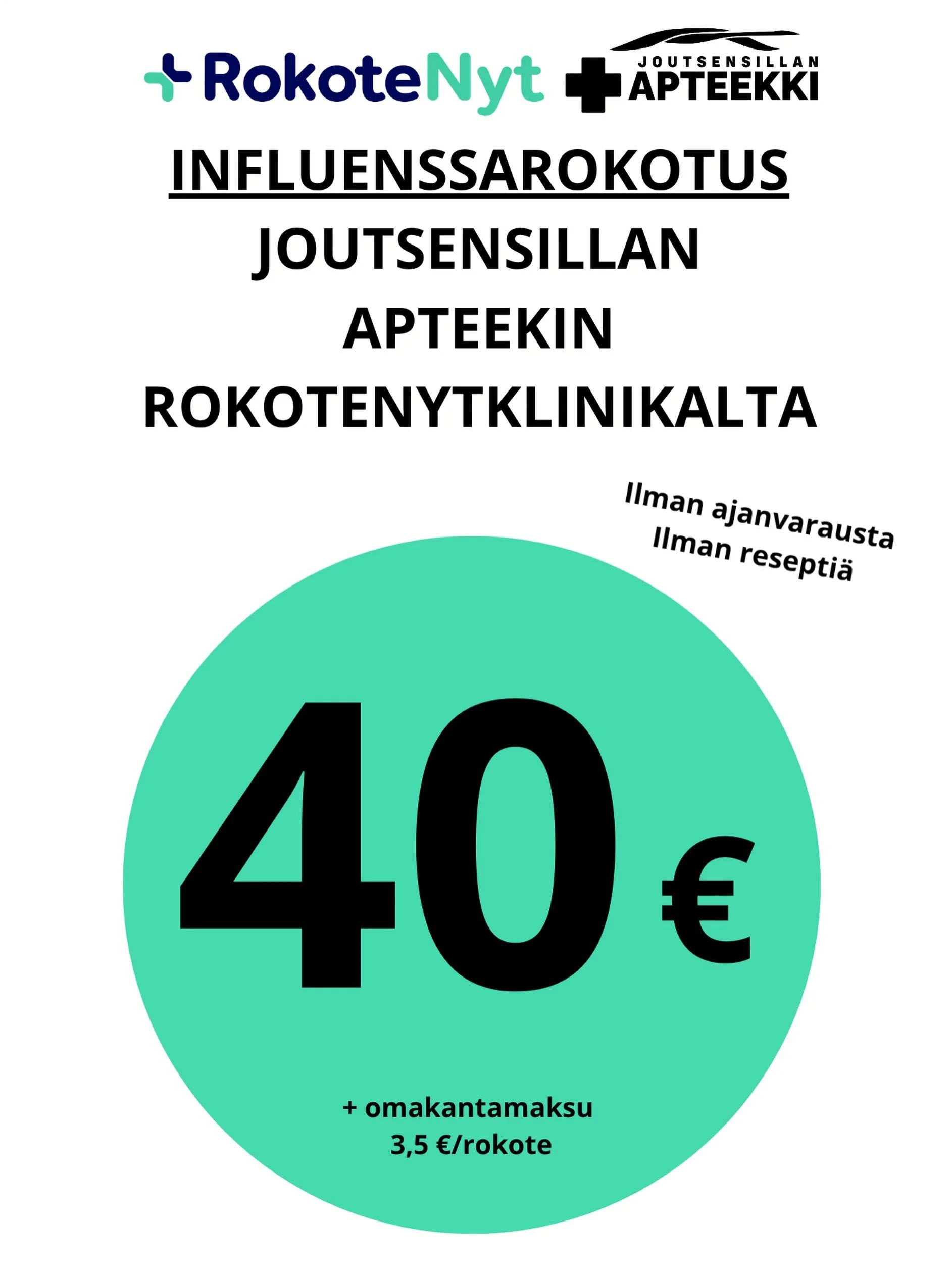 Tervetuloa rokotukseen! 
Saimme t&auml;n&auml;&auml;n ensimm&auml;isen er&auml;n influenssarokotteita.
Influenssarokotus 40&euro; sis&auml;lt&auml;&auml; rokotteen ja pist&auml;misen
(ei sis&auml;ll&auml; kantamaksua 3,5&euro;).
Tsekkaa meid&auml;n n