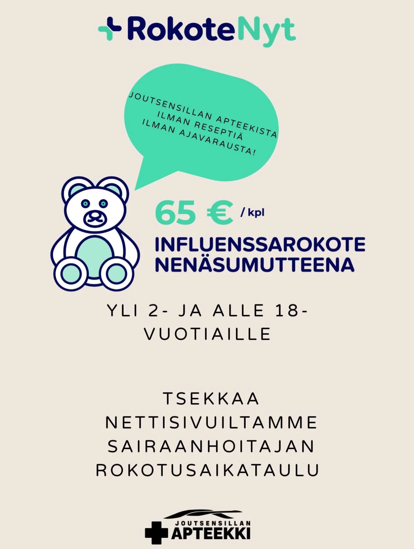 RokoteNyt -klinikaltamme saatavilla influenssarokotteita!💉
T&auml;ll&auml; viikolla saimme valikoimaan my&ouml;s nen&auml;sumutteena annosteltavan influenssarokotteen, mik&auml; on suunnattu 2-17-vuotiaille. 

Tarkista terveydenhoitajamme aikataulut