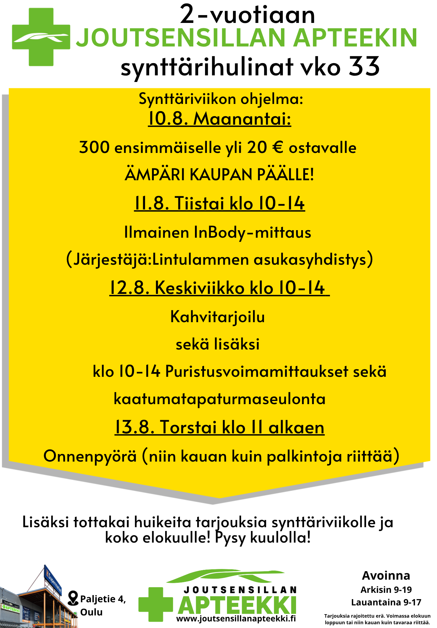 Mainos Joutsensillan apteekista, jossa tekstiä ja tarjouksia synttäriviikolle, kuva apteekin rakennuksesta ja logo