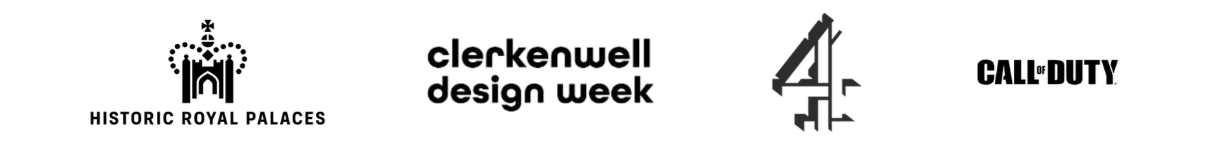 Logos of Historic Royal Palaces, Clarkenwell Design Week, Channel 4 and Call of Duty.