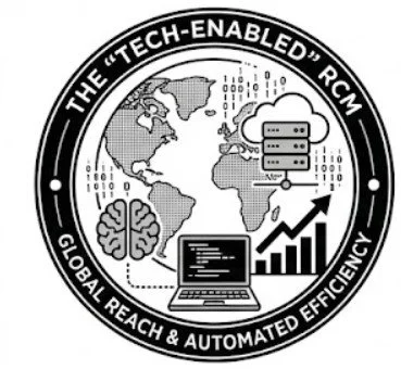 Circular black and white line art logo for "The Tech-Enabled RCM." The design features a globe connected to cloud servers, an AI brain icon, and a desktop computer, symbolizing "Global Reach & Automated Efficiency."