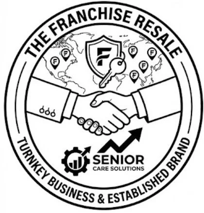 Black and white circular logo for "The Franchise Resale" featuring a handshake, a world map with location pins, a key, and a shield. Text below reads, "Turnkey Business & Established Brand."