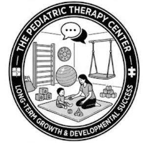 Logo of The Pediatric Therapy Center featuring children and a therapist engaged in activities, surrounded by equipment and sports gear, with the tagline 'Long-term growth & developmental success'.