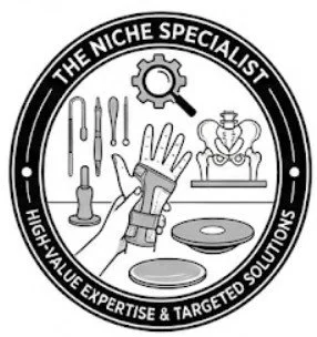 Logo for The Niche Specialist featuring tools, a gear with a magnifying glass, a robot arm, and mechanical parts, with a circular border and text around it.