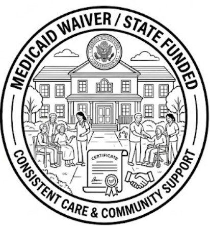 Black and white circular logo for "Medicaid Waiver / State Funded" depicting a large facility building with a government seal, a diverse group of seniors and caregivers, and a certificate. Text below reads, "Consistent Care & Community Support."