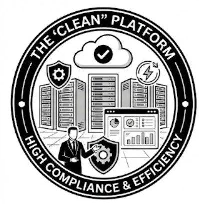 Black and white circular logo for "The 'Clean' Platform" featuring server racks, a cloud with a checkmark, and a person with a shield. Text below reads, "High Compliance & Efficiency."