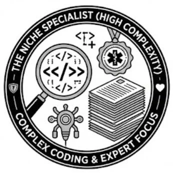 Circular badge with the text 'The Niche Specialist (High Complexity) Complex Coding & Expert Focus'. Inside are icons of a magnifying glass with code, a gear with a medical cross, an open book, and a robot head.