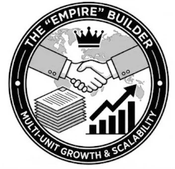 Logo with a handshake, a crown, a stack of papers, and a growth graph, labeled 'The