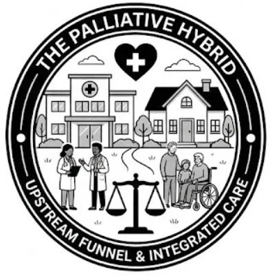 Black and white circular logo for "The Palliative Hybrid" depicting a medical clinic, a hospice home, a scale, and medical professionals interacting with a family. Text below reads, "Upstream Funnel & Integrated Care."