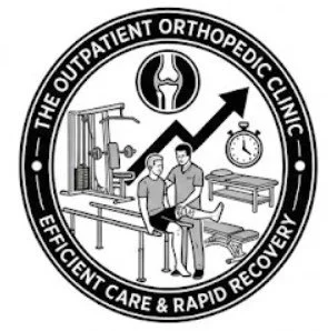 Logo of the Outpatient Orthopedic Clinic showing a knee joint, two medical professionals, a patient with a knee brace, and icons representing growth, time, and care.