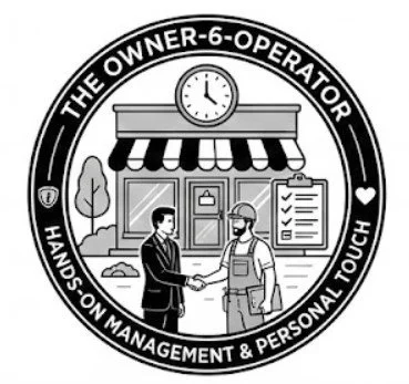 Black and white circular logo for "The Owner-Operator" depicting a single storefront with a person wearing a headset and apron serving a customer, a shield with a key, and a heart. Text below reads, "Hands-On Management & Personal Touch."