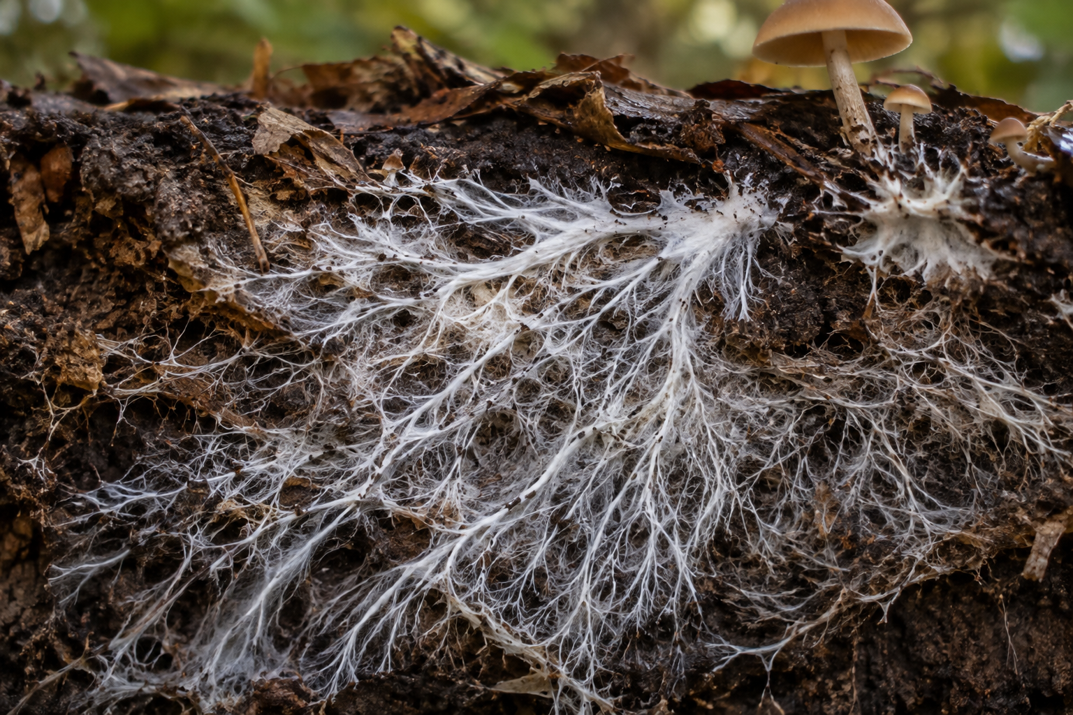 Mycelium en vruchtlichaam van een paddenstoel