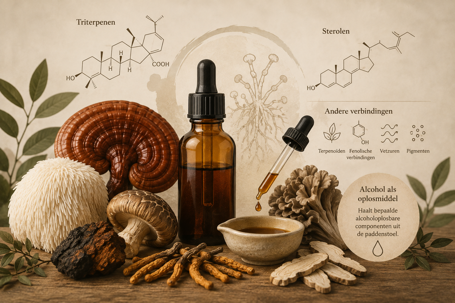 Paddenstoelen en tinctuur met uitleg over alcoholoplosbare bestanddelen
