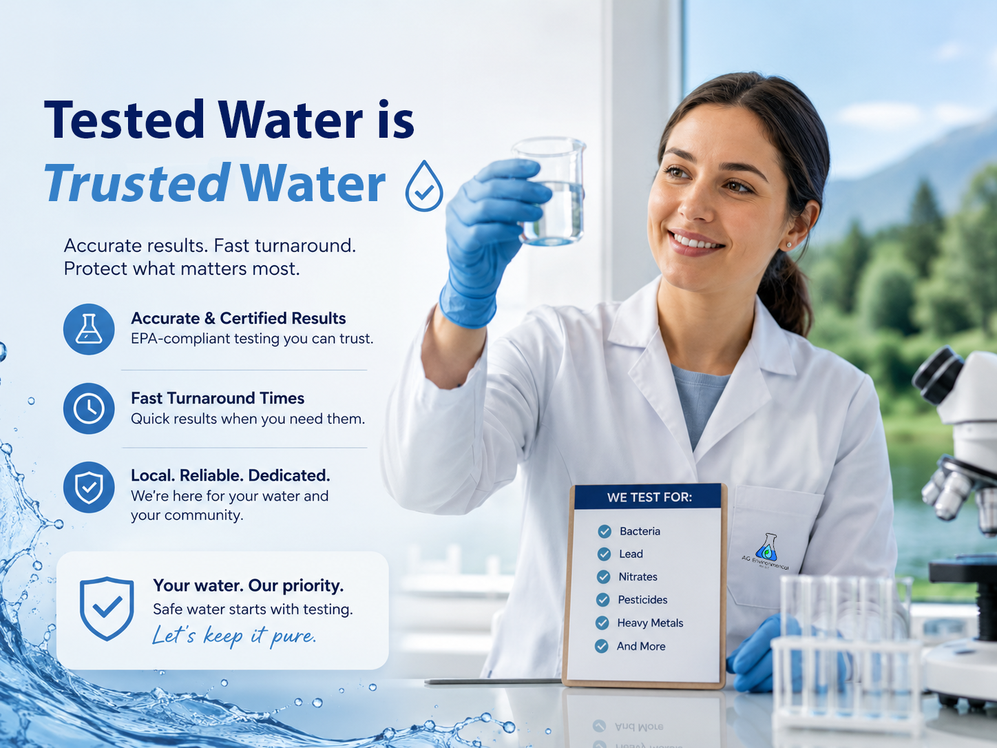 A woman in a white lab coat and blue gloves checks a water sample in a beaker. The background shows a scenic outdoor landscape with mountains and trees, and laboratory equipment is visible on the countertop.