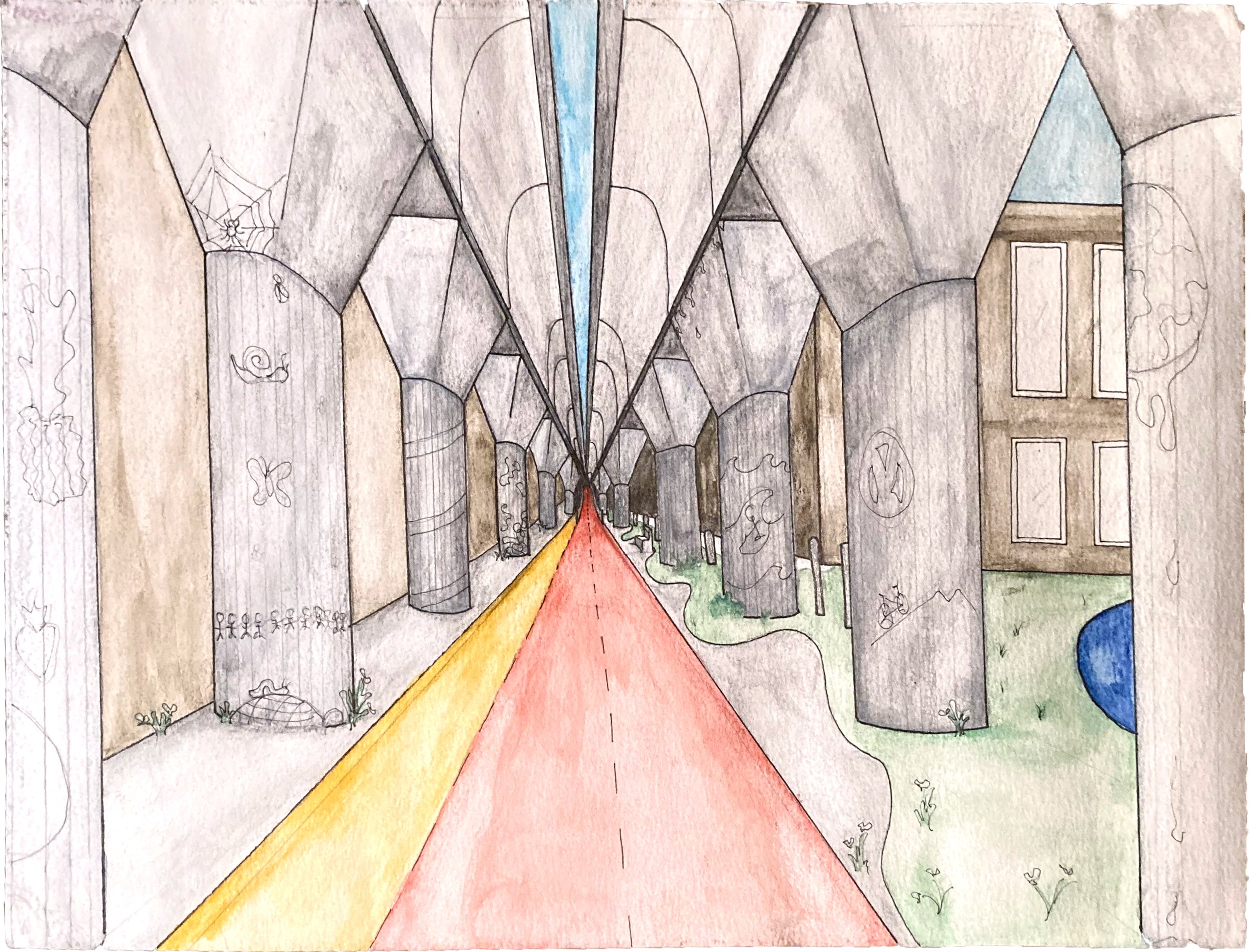 Perspective:
This is a perspective shot of the underline as it would look from a bike passing the small playground to the right. In the distance, the bike ramp up to train level is visible, as well as the color-coded biking and walking paths. Pencil