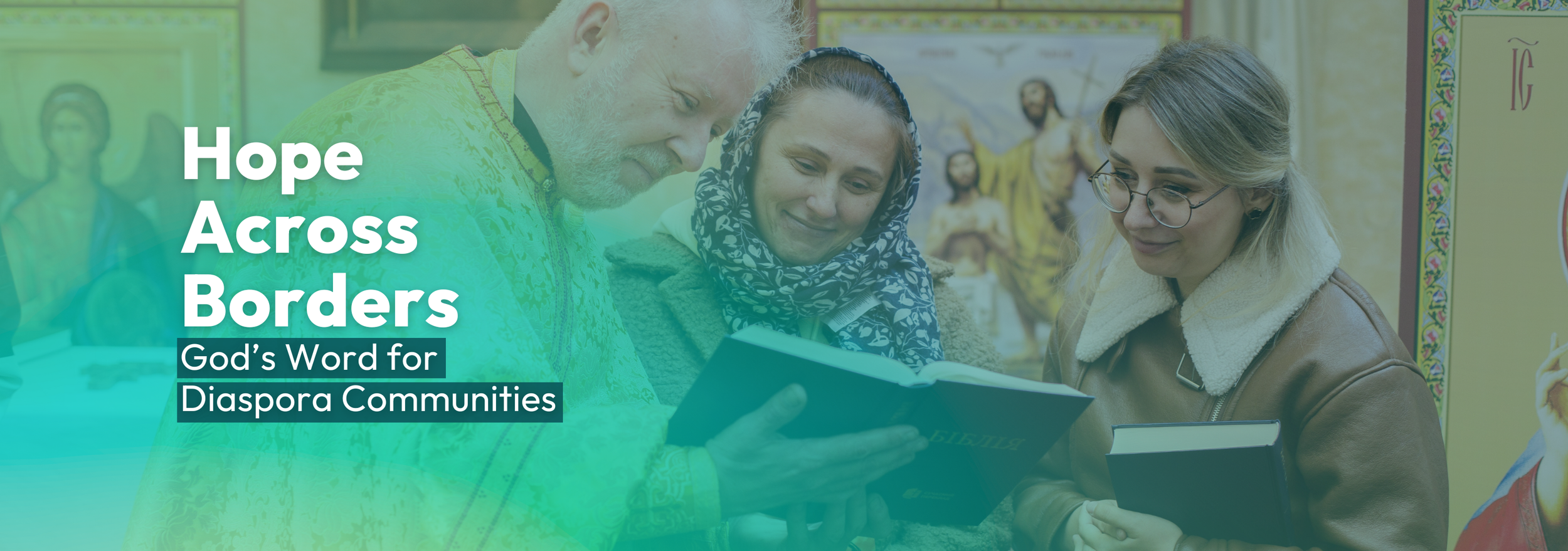 Three people reading a Bible together inside a church with icons of Jesus in the background.