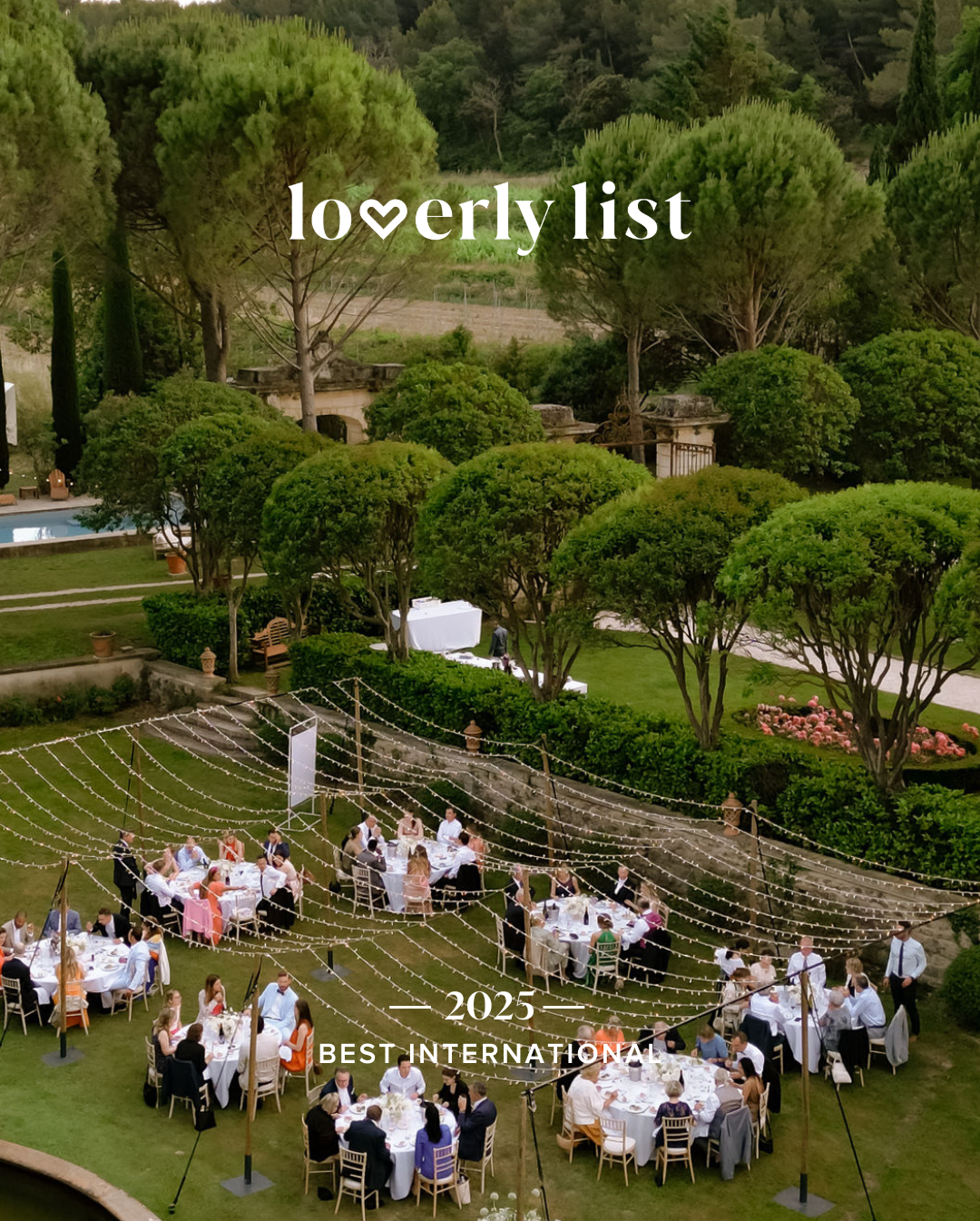 A garden party with elegantly dressed guests seated at round tables with white tablecloths, surrounded by lush greenery and decorative string lights overhead.