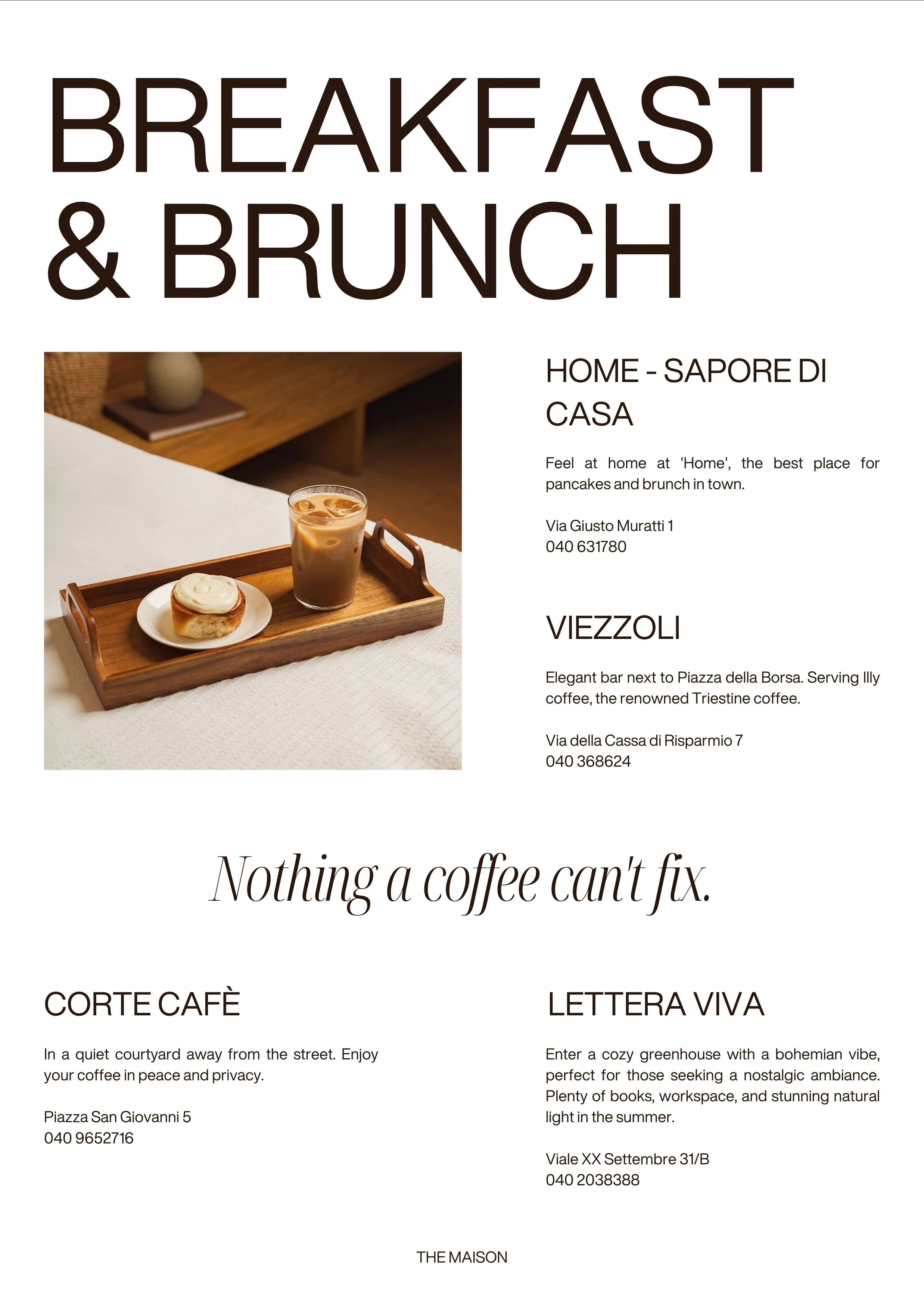 L'immagine mostra un volantino pubblicitario per un servizio di colazione e brunch a domicilio, con una foto di una colazione su un vassoio, composta da un cappuccino e un dolce, e testi che promuovono varie sedi e offerte di servizi.