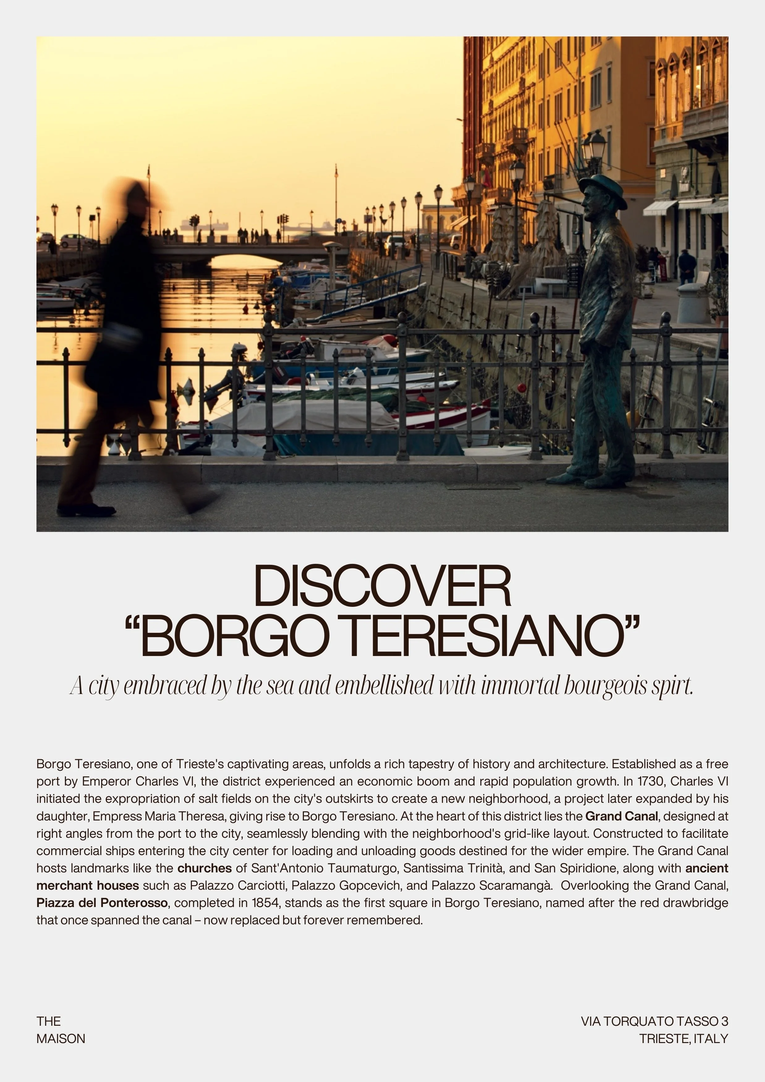 Cartellina pubblicitaria con foto di un canale di Trieste, con barche attraccate, edifici colorati e statue, al tramonto, con testo promozionale per il quartiere Borgo Teresiano