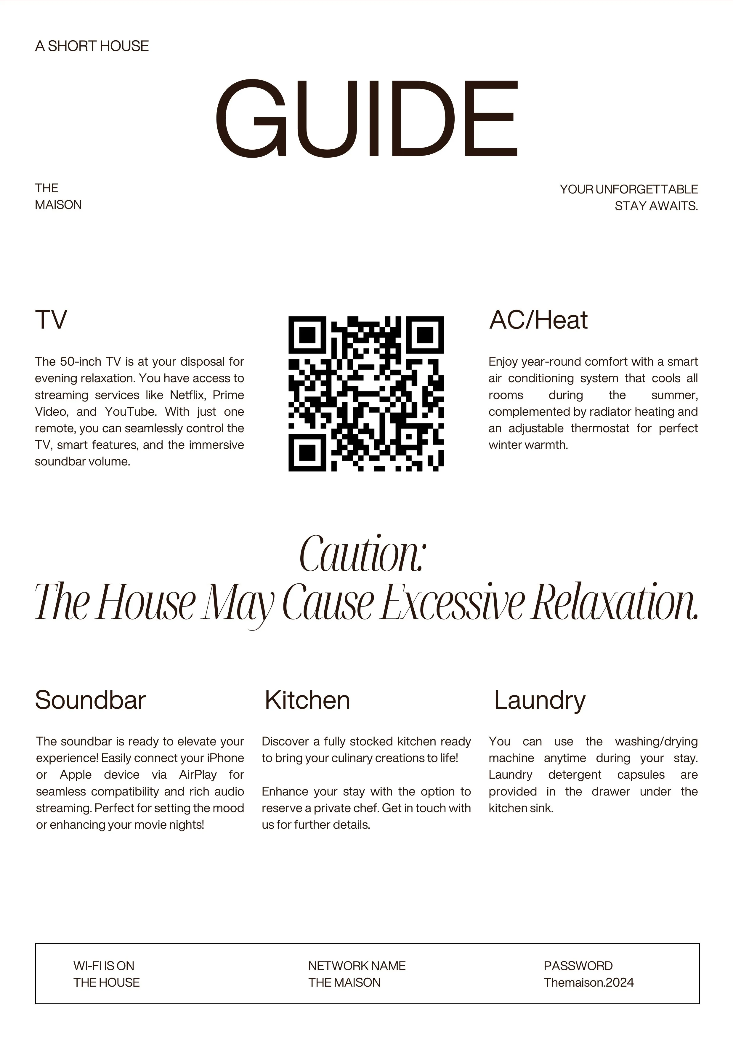 Guida dettagliata di una casa con sezioni per TV, aria condizionata, soundbar, cucina e lavanderia, includendo un codice QR centrale.