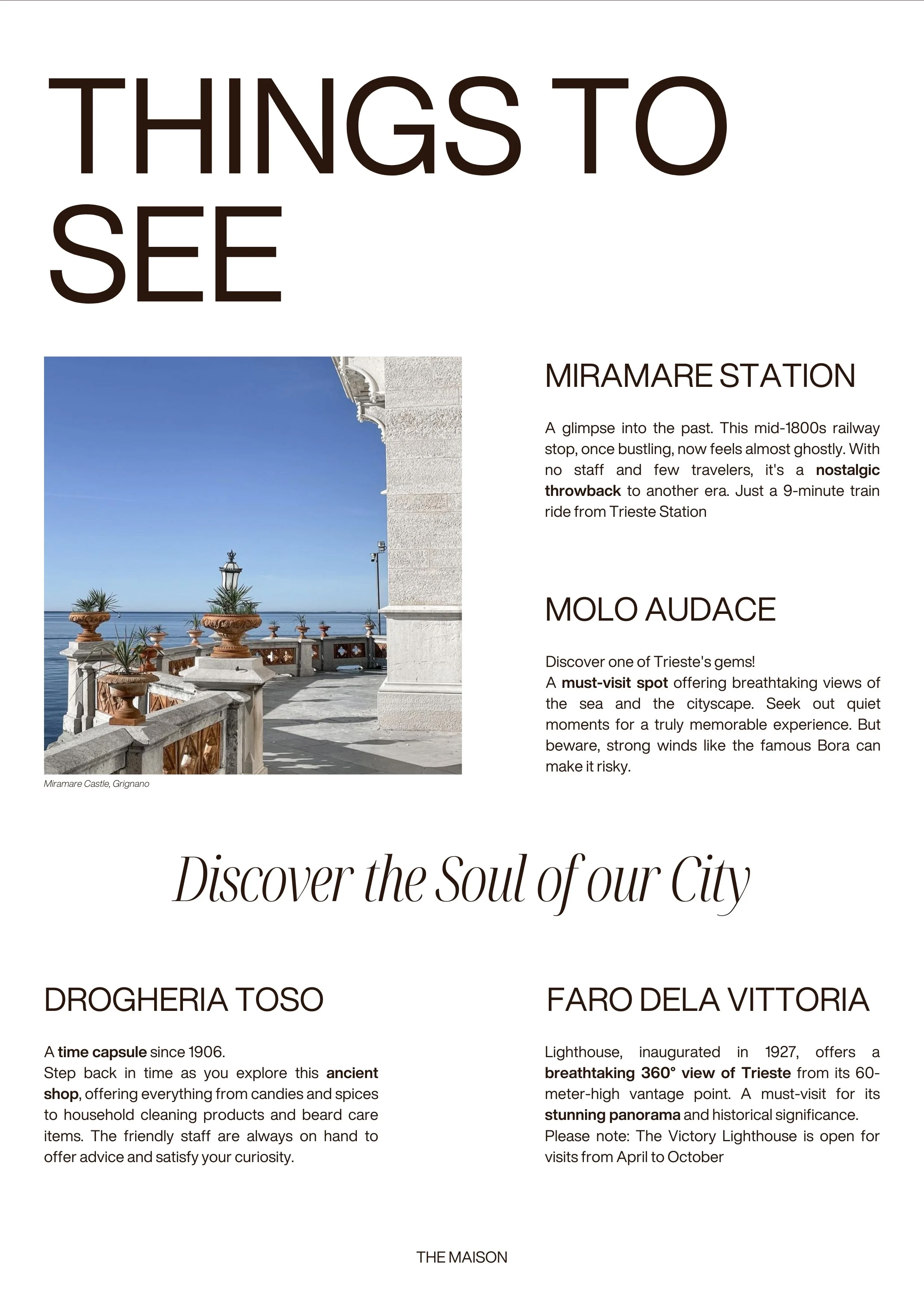 Un volantino turistico con il titolo 'Things to See' che presenta attrazioni di Trieste, Italia, tra cui Miramare Station, Molo Audace, Drogherìa Toso e Faro Dela Vittoria, con una foto di Miramare Castello con vista mare, cielo blu e parapetto decor