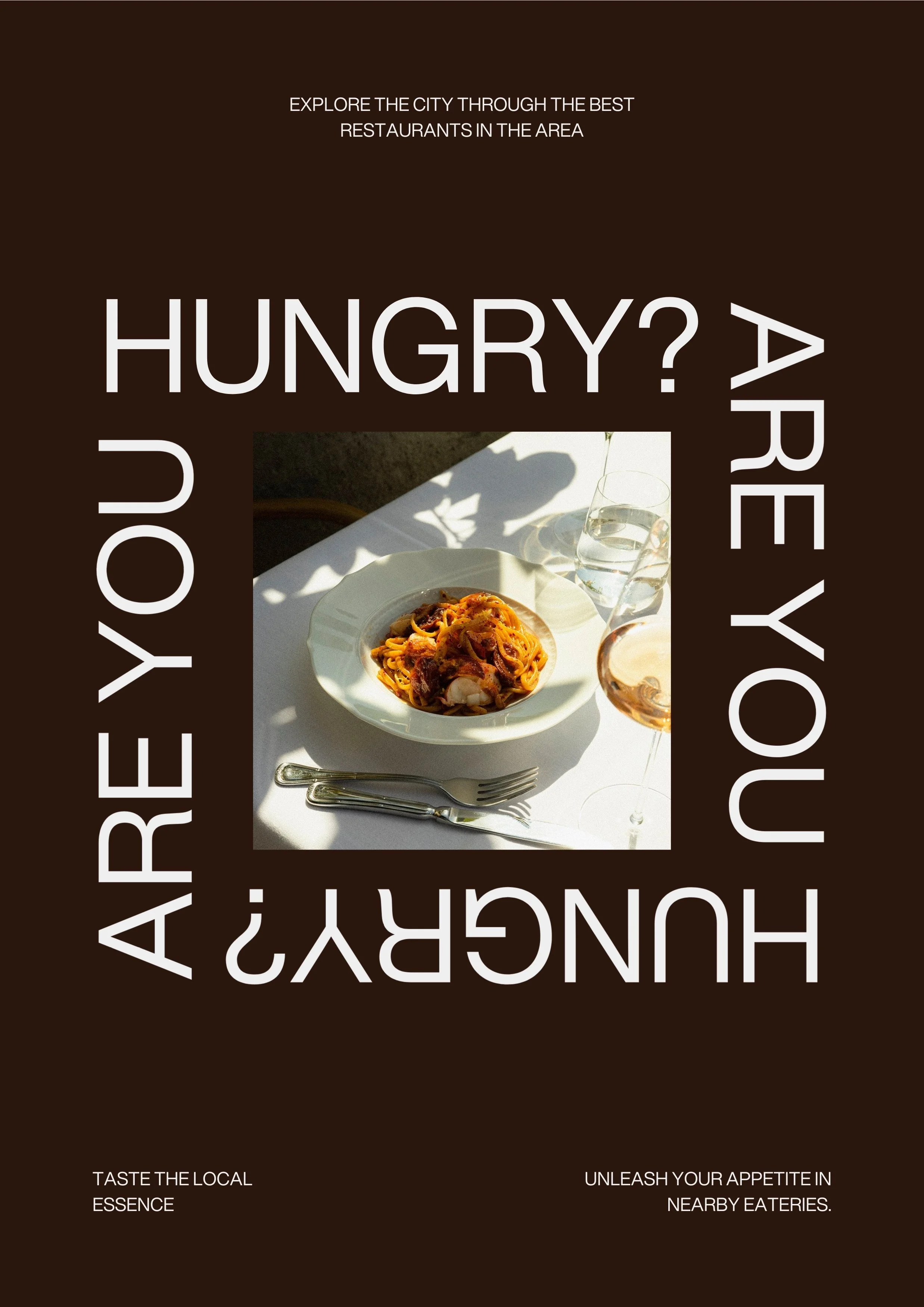 Pubblicità con immagine di un piatto di spaghetti con carne e vino