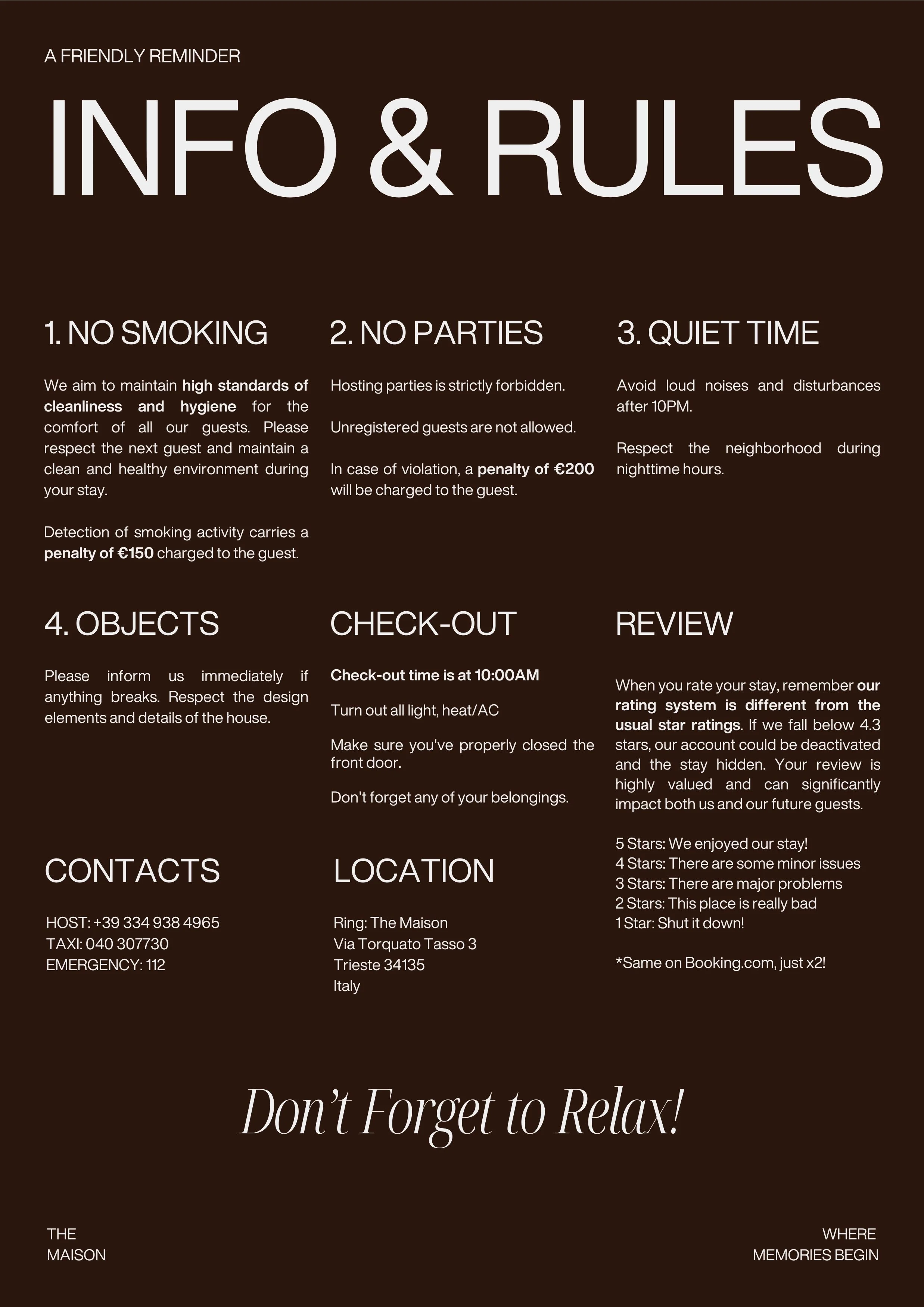 Regolamenti e informazioni di soggiorno in un alloggio, inclusi divieti, orari di check-out, contatti, posizione, e sistema di valutazione, su sfondo marrone con testo bianco e nero.