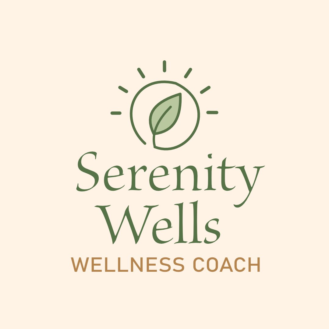 Serenity Wells Wellness Coach logo featuring a leaf design inside a sunburst icon.