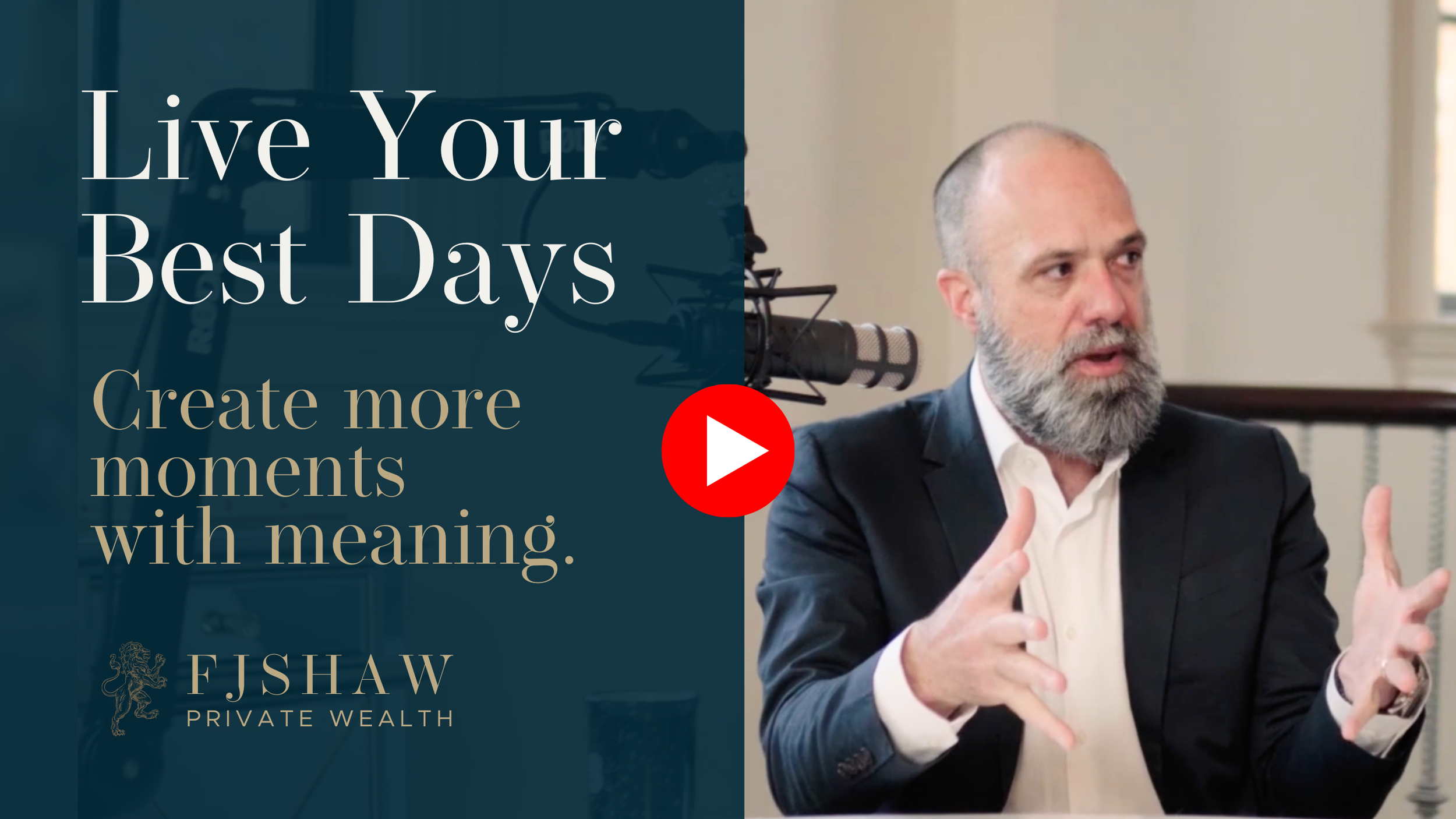 A man with a beard and short hair, wearing a suit, speaking into a microphone during an interview or podcast session. There is a blue overlay on the left side of the image with text promoting creating meaningful moments and wealth management.
