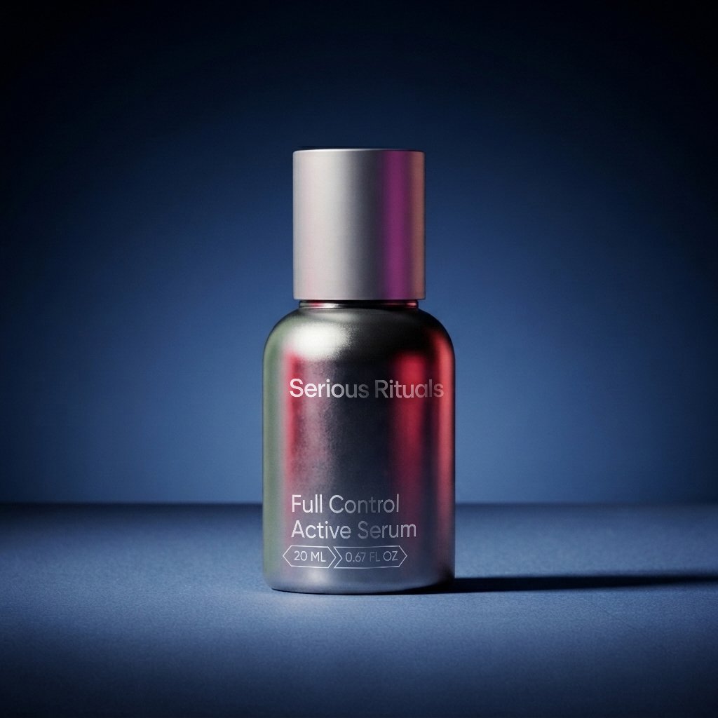 A metallic bottle labeled 'Serious Rituals Full Control Active Serum' on a blue background.