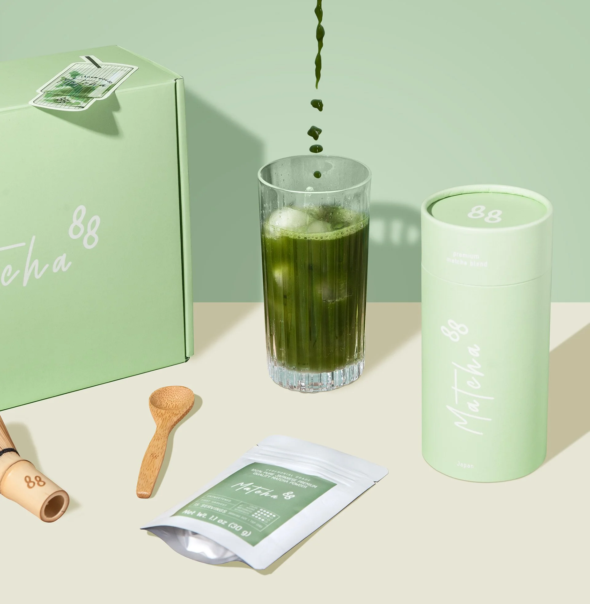 Luxury green tea packaging design with minimalist visual identity