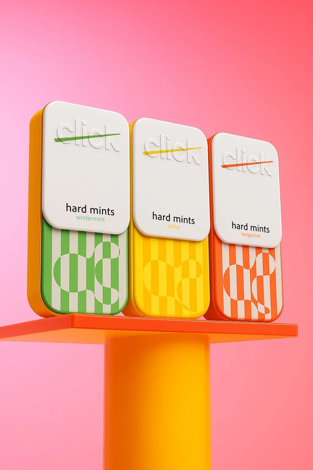 Click Hard Mints packaging design in three color-coded flavors