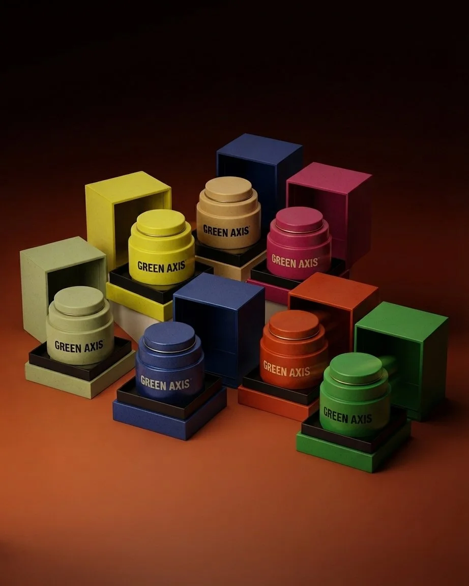 Colorful jars labeled 'Green Axis' on open boxes, arranged in a pyramid on a dark background.
